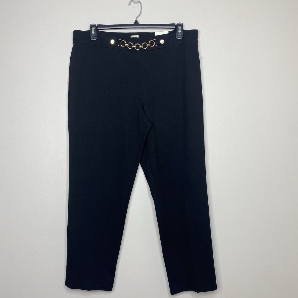 Anne Klein XL Black Pull On Slim Ankle Career Pants Stretch Chain Link Detail